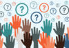 Hands raised with question marks in background graphic