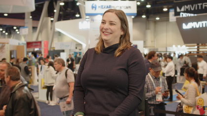 Teach Access executive director Kate Sonka being interviewed by WorkingNation at CES 2024 about using technology to teach people about the need and benefit of developing products with accessibility for people with disabilities in mind